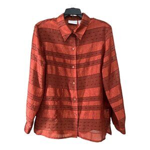 Alfred Dunner Women’s Size 12 Burnt Orange Sheer Textured Stripe Button-Front Bl